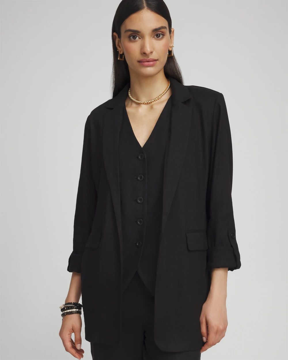 Linen Blend Stretch Roll Tab Blazer