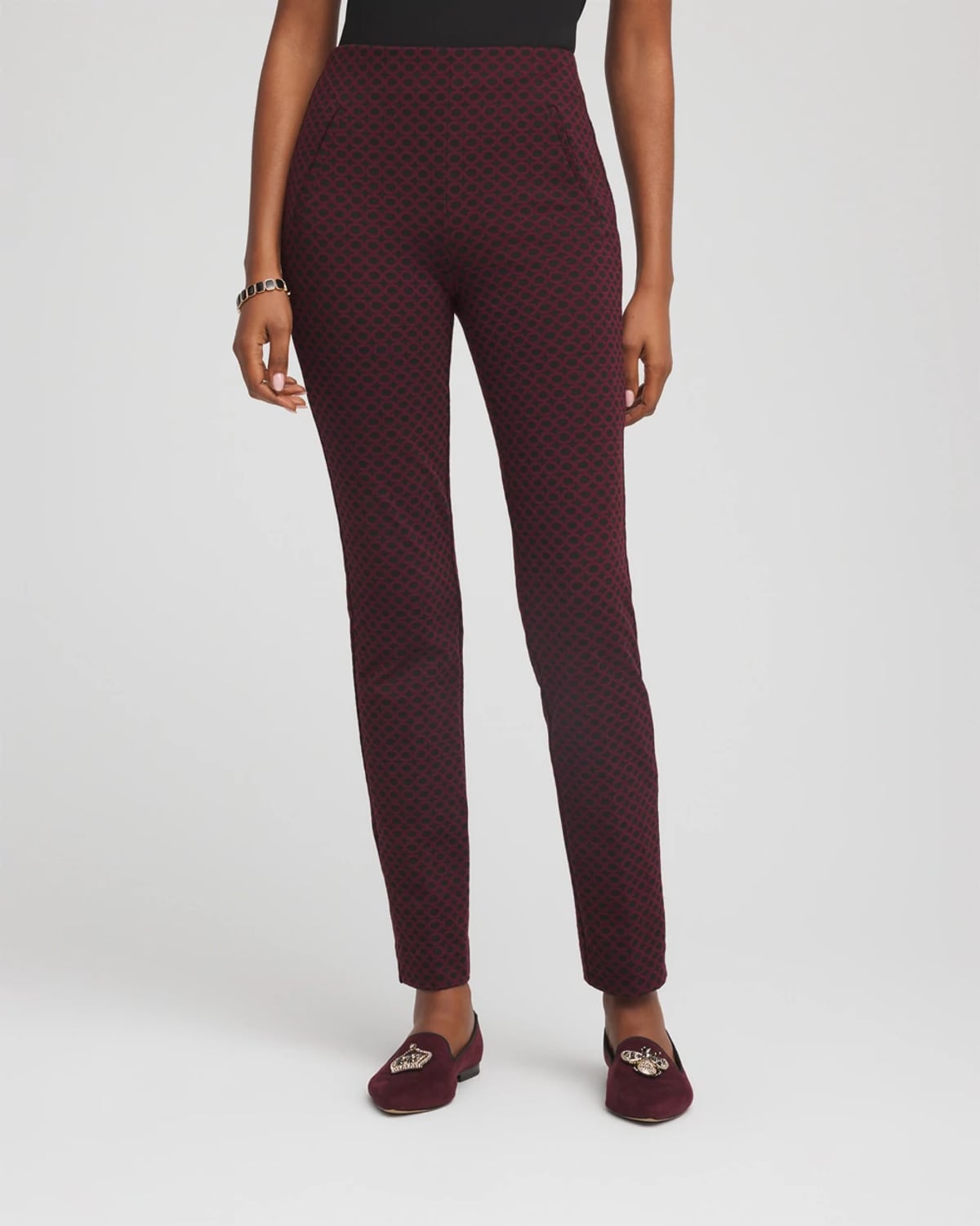 Chico's Circle Jacquard Juliet Slim Ankle Pants In Black In Burgundy