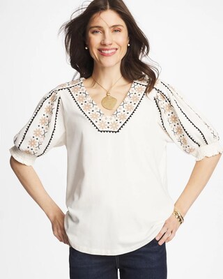 Embroidered Smocked-Sleeve Tee