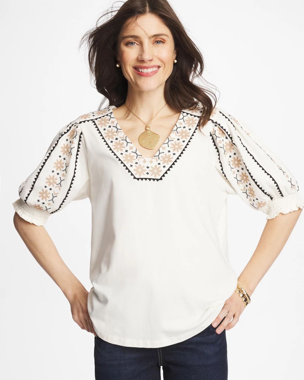 Embroidered Smocked-Sleeve Tee