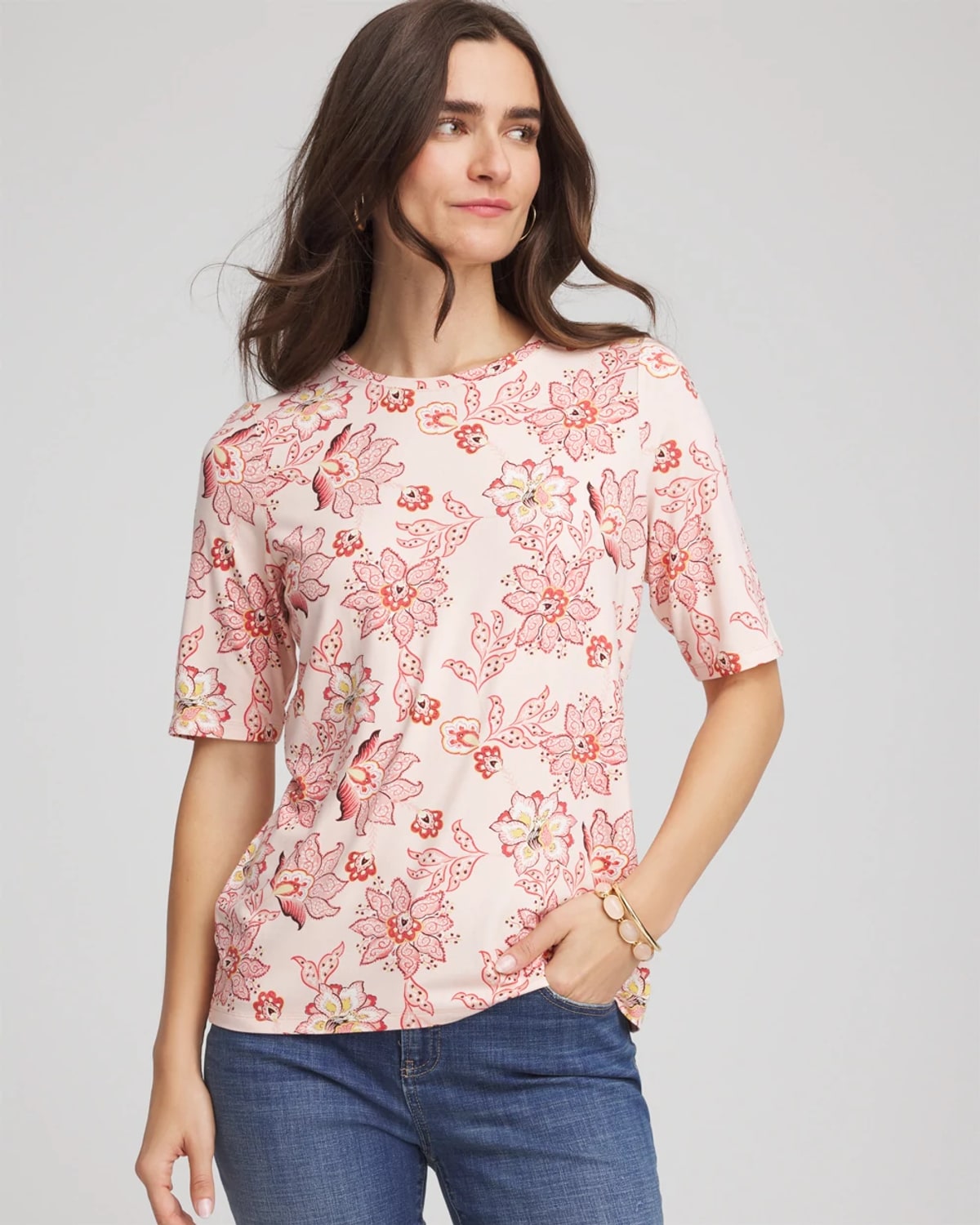 Chico's Elbow Sleeve Tee In Siesta Rose
