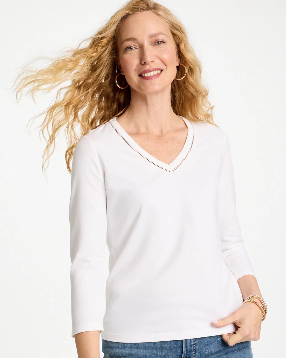 Trim Detail Cotton Stretch 3/4 Sleeve Tee