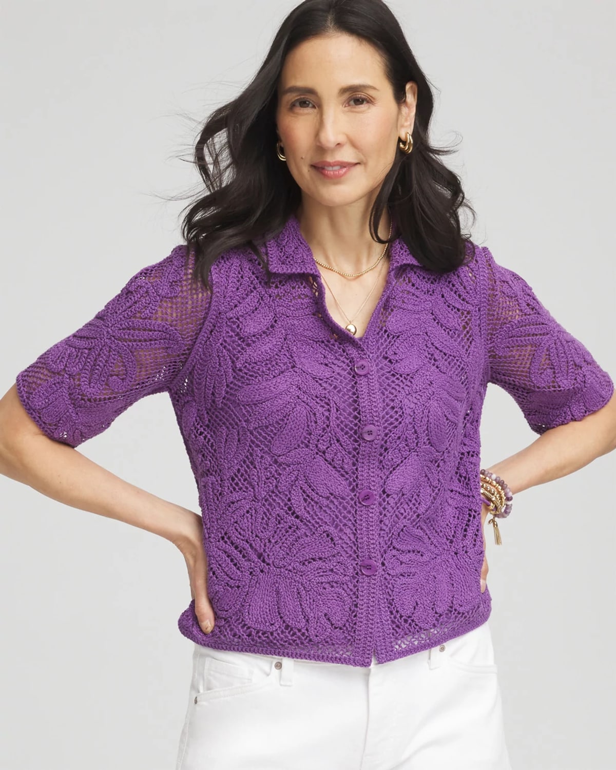 Chico's Palm-frond Crochet-lace Shacket In Purple