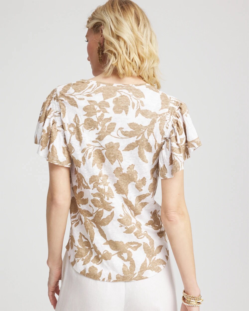 Chico's Linen Leaf Print Flutter Sleeve Tee In Brown