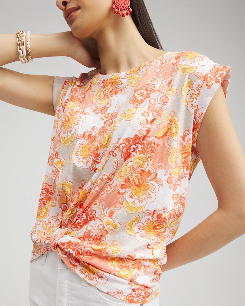 Chico's Floral Knot Front Tee In Neutral Size 12/14 | In Light Tan