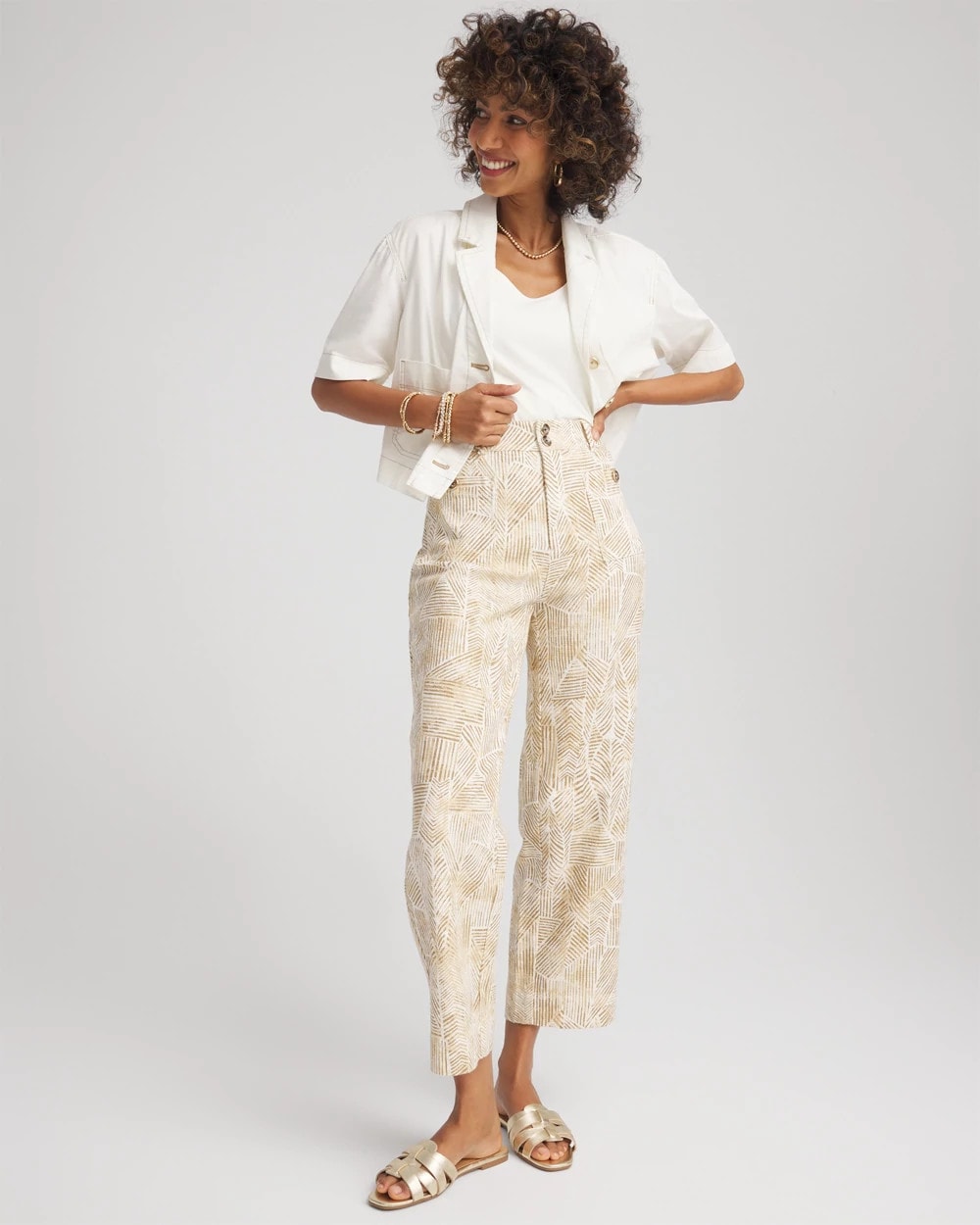 Chico's Printed Cropped Straight-leg Pants In White In Sand