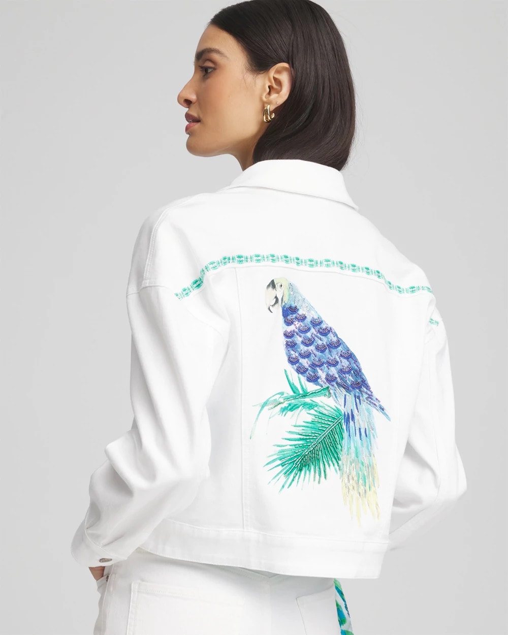 Chico's Embroidered Relaxed Denim Jacket In White In White