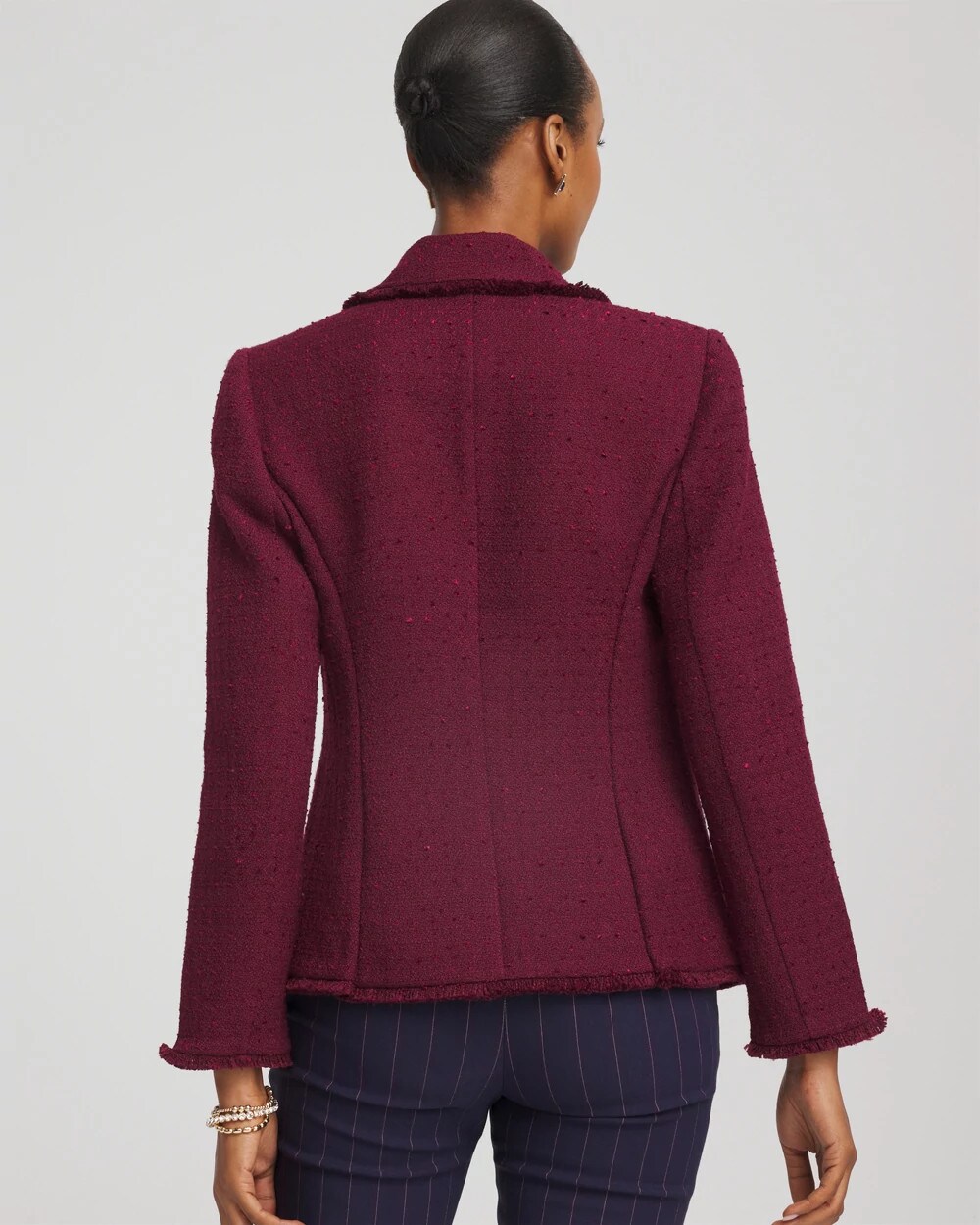 Chico's Tweed Fringe Blazer In Deep Chianti In Burgundy