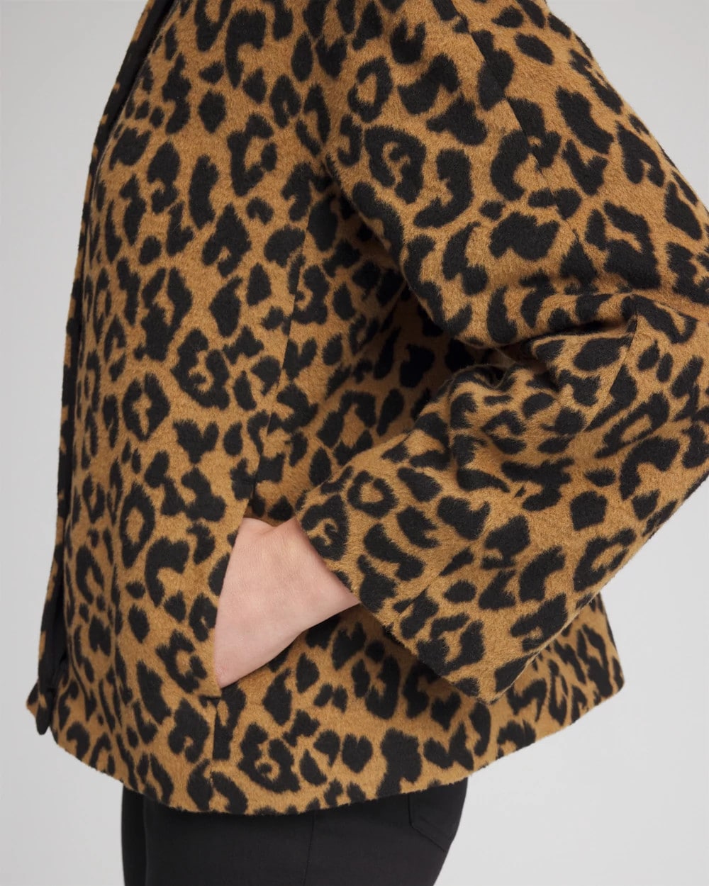 Chico's Fuzzy Collarless Animal Print Jacket In Tan In Animal Print