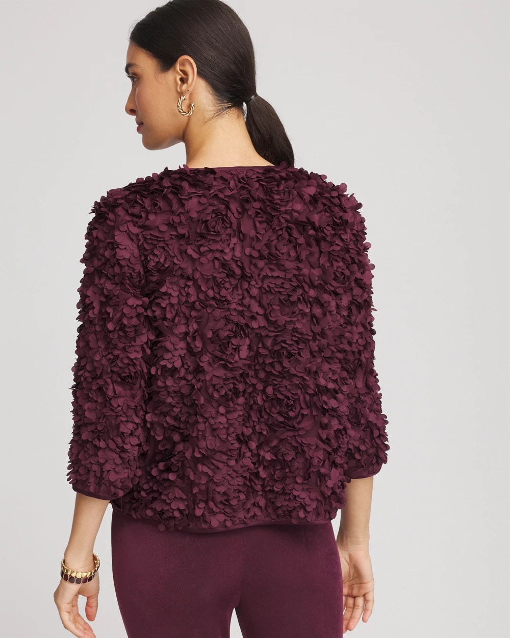 Chico's Travelers Textured Rosette Jacket In Blackened Burgundy In Burgundy