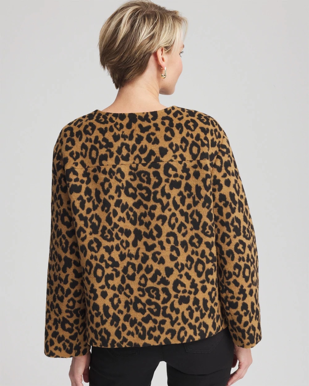 Chico's Fuzzy Collarless Animal Print Jacket In Tan In Animal Print