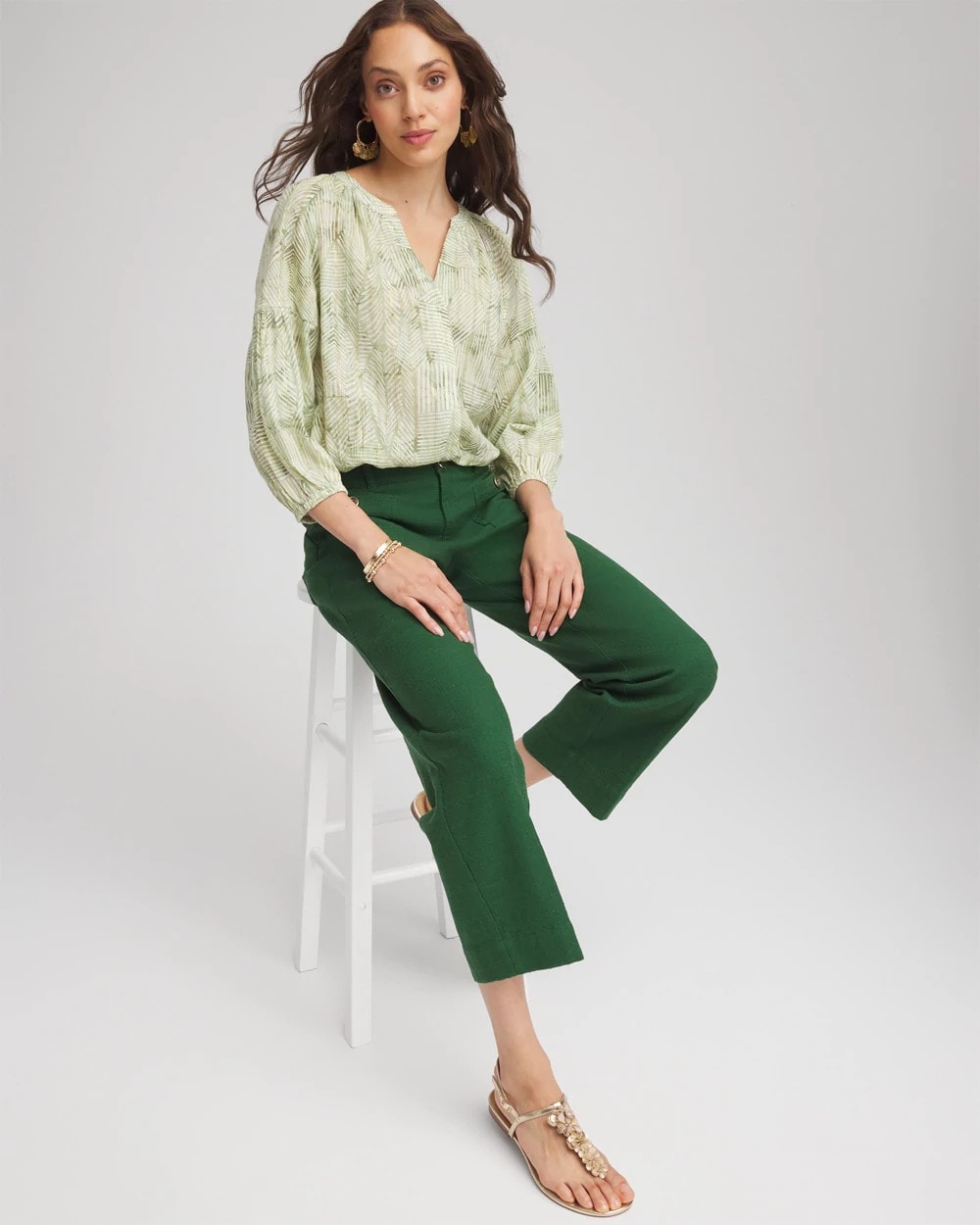 Chico's Lurex Stripe Cotton Blouse In Salted Lime In Green
