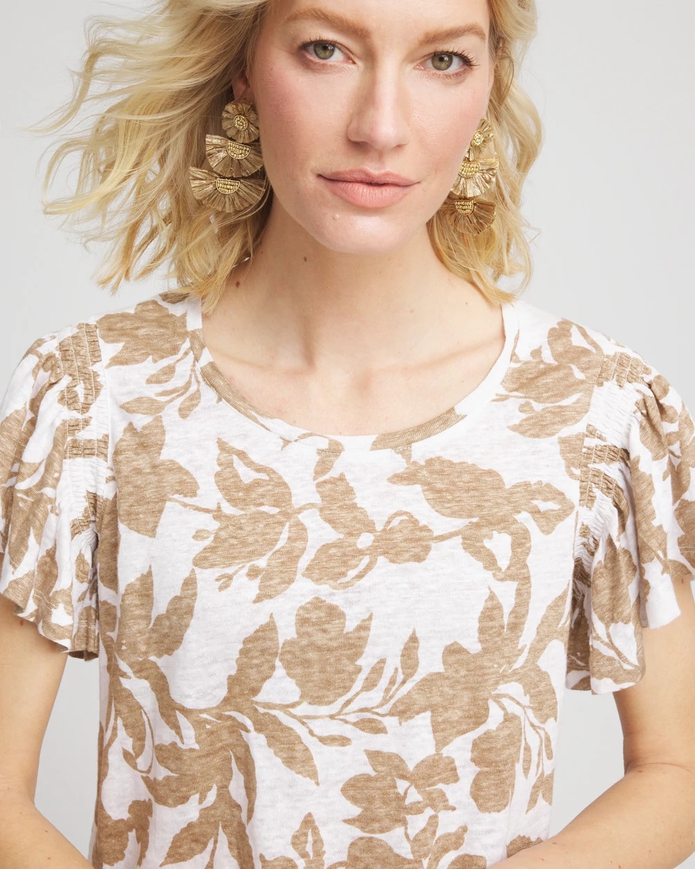 Chico's Linen Leaf Print Flutter Sleeve Tee In Brown
